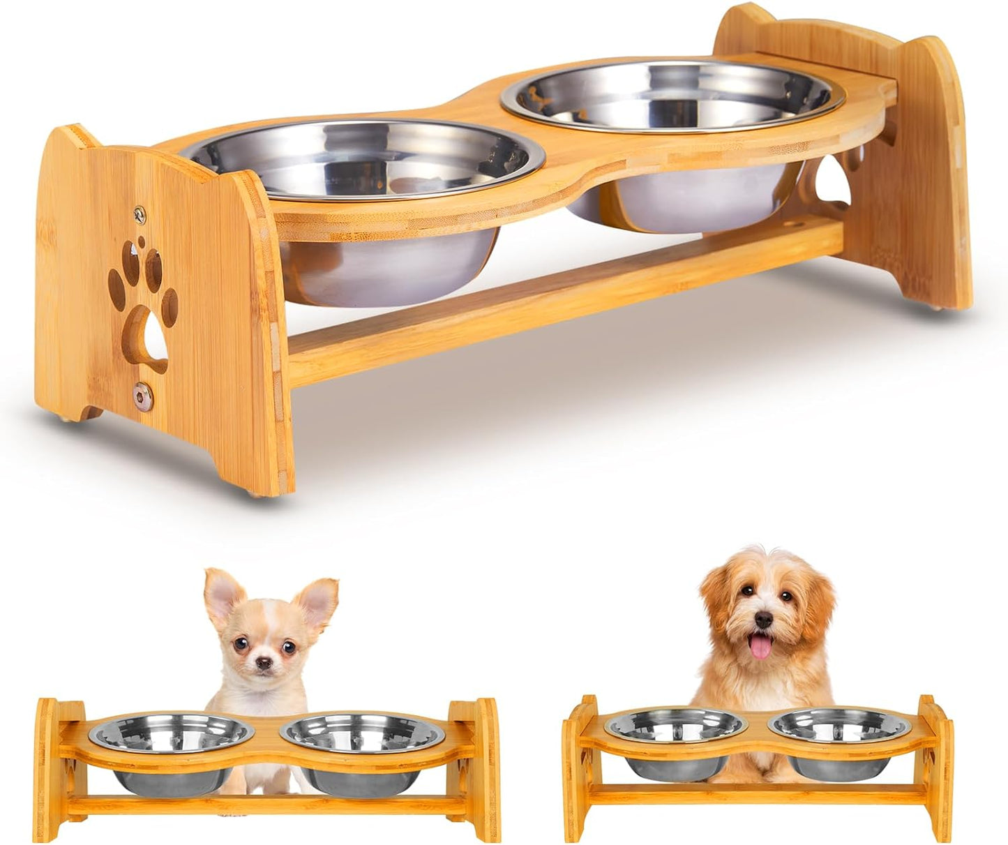 Elevated Dog Bowls for Cats and Dogs, Adjustable Bamboo Raised Dog Bowls for Medium Dog, Food and Water Set Stand Feeder with 2 Stainless Steel Bowls and anti Slip Feet (Height 4.7" to 7")