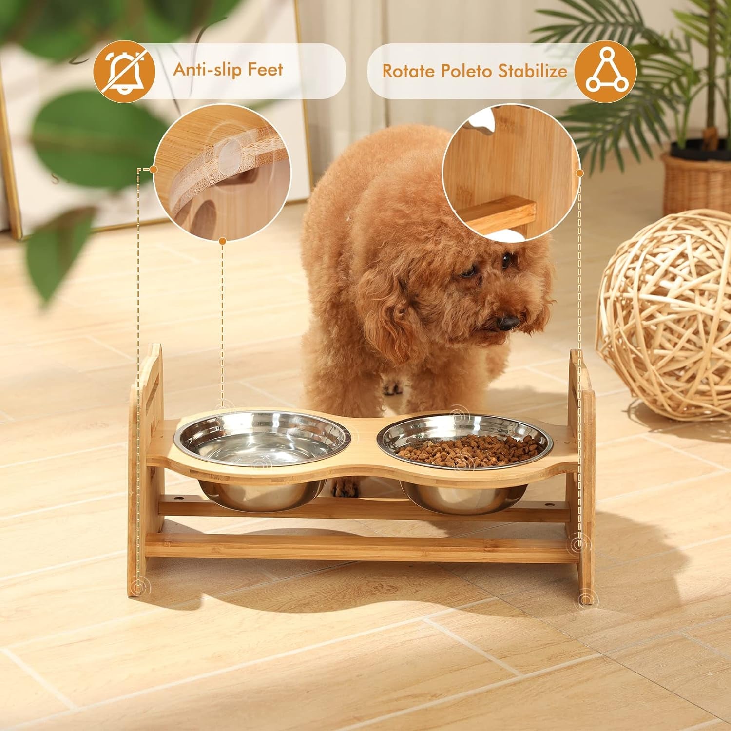 Elevated Dog Bowls for Cats and Dogs, Adjustable Bamboo Raised Dog Bowls for Medium Dog, Food and Water Set Stand Feeder with 2 Stainless Steel Bowls and anti Slip Feet (Height 4.7" to 7")